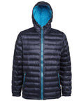 The TS016 jacket from 2786 is a black puffer with a blue lining and includes a hood. It boasts a front zipper along with zipped pockets.