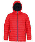 The TS016 jacket by 2786 is a warm and cozy vibrant red padded jacket featuring a hood, a front zipper, horizontal quilting, and two zippered pockets.
