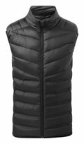 The TS017 black sleeveless puffer vest by 2786 features a high collar, full-length zipper, and horizontal quilted stitching.