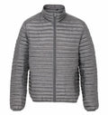 The TS018 by 2786 is a gray puffer jacket featuring a high collar and front zipper closure. It boasts horizontal quilting with two side pockets and is showcased against a plain white background.