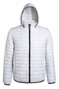 The TS023 by 2786 is a white puffer jacket featuring a hood and a black zip, presented against a plain background.