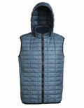2786 TS024 sleeveless quilted vest in blue featuring a hood and front zipper.