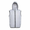 The TS024 from the brand 2786 is a gray quilted sleeveless jacket featuring a hood and zipper closure. It displays a grid-like pattern with black trim around the zipper and armholes.