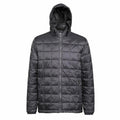 The TS025 jacket by 2786 is a black puffer with a front zipper and hood. It boasts a quilted design featuring horizontal and vertical stitching, creating an eye-catching grid pattern, showcased against a plain white background.