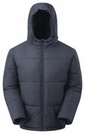 The TS027 by 2786 is a dark gray puffer jacket featuring a hood and front zipper, showcased against a white background.