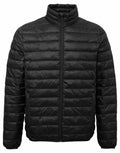 Introducing the TS030 by 2786, a stylish black puffer jacket featuring a high collar, front zipper, stitched horizontal lines, and convenient zippered pockets.