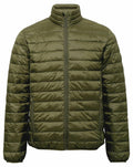 Introducing the TS030 by 2786: a green quilted puffer jacket featuring a high collar and front zipper closure. This jacket is designed with horizontal stitching and offers the perfect balance of being lightweight and warm, making it ideal for cooler weather.