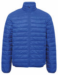 Product Name TS030 by Brand 2786 is a bright blue puffer jacket with a high collar and zip-up front, showcasing horizontal stitching. It includes two side pockets and is shown on a white background.