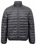 A gray TS030 puffer jacket from 2786 features a stand-up collar, a front zipper, horizontal quilting, and zippered pockets on both sides.