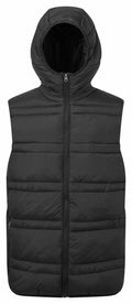 2786's TS039 is a black quilted puffer vest featuring a hood and front zipper closure.