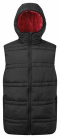 2786's TS039 features a black sleeveless padded design, a front zipper, and a hood lined with red fabric.