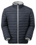 The TS041 by 2786 is a black puffer jacket featuring a horizontal quilted design and a stand-up collar. It includes light gray lining and trim along the zipper and cuffs, showcased against a plain white background.
