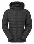 2786 TS043: A black insulated puffer jacket featuring a hood and front zipper closure, displayed front-facing on a white background.