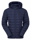 The 2786 TS043 jacket, featuring a hood and zipper closure, is showcased in a navy blue puffer design.