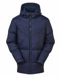 A TS045 puffer jacket by 2786, featuring a navy blue color with a hood and front zipper, showcased on a plain white background.