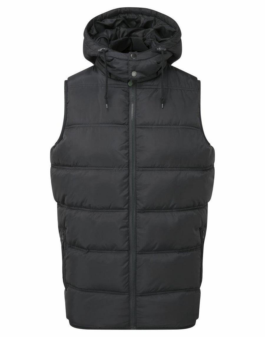 A TS046 sleeveless puffy vest in dark green, featuring a hood and zipper closure, from the brand 2786, displayed against a plain white background.