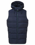 The TS046 by 2786 is a navy blue puffer vest with a hood, complete with a front zipper and side pockets.