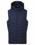 A TS047 dark blue vest by 2786, featuring a quilted design, hood, and front zipper.