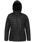 Introducing the TS16F by 2786, a black hooded puffer jacket featuring a front zipper and zipped side pockets.