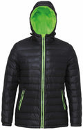 TS16F by 2786, a black puffer jacket featuring a green inner lining and zipper, displayed with the hood up.