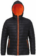 The TS16F jacket by 2786 is a black puffer with an orange inner lining and orange zipper details. It features a hood and two zippered pockets in the front.