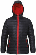 The TS16F by 2786 is a black puffer jacket featuring a hood and red lining with red zipper accents. It showcases horizontal quilting and includes two front pockets with zippers, highlighting the striking contrast between its sleek black exterior and vibrant red interior when the hood is up.