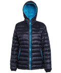 The TS16F jacket by 2786 is a black puffer with a blue lining and matching blue zipper, equipped with a hood and two zippered side pockets.