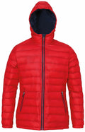 The TS16F by 2786 is a vibrant red puffer jacket featuring a front zipper, two zippered pockets, and a hood. It is designed with horizontal quilting for added warmth.
