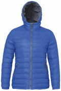 The TS16F by 2786 is a blue puffer jacket featuring a front zipper, hood, and side pockets. It is quilted for a puffy appearance and includes a gray inner lining.