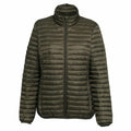 The TS18F, a green puffer jacket by 2786, is showcased against a plain white background. It features a high collar, long sleeves, horizontal quilting, and a front zipper closure.