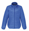 The TS18F by 2786 is a blue puffer jacket featuring horizontal quilting and a high collar. It includes a front zipper and pockets, designed to provide warmth and comfort. The jacket is showcased against a white background.