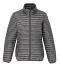 The TS18F by 2786 is a lightweight insulated gray puffer jacket, featuring a high collar, front zipper, horizontal quilting, long sleeves, and two side pockets.