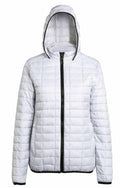 TS23F jacket by 2786, featuring a white padded design with a hood and a black front zipper, displayed on a plain background.