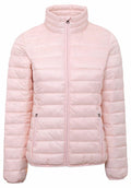 TS30F by 2786: A light pink puffer jacket featuring a high collar and zipper closure.