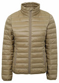 The TS30F from 2786 is a light brown quilted puffer jacket with a high collar and a zippered front. It includes two side pockets and is showcased on a plain white background.