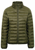 The TS30F by 2786 is a green quilted puffer jacket equipped with a front zipper. It boasts horizontal stitching, a stand-up collar, and two side pockets. The jacket's padded material provides warmth, making it ideal for cold weather.