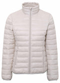 The TS30F by 2786 is a white puffer jacket with a high collar and zipper closure. It features horizontal quilting and side pockets, offering a simple yet stylish design perfect for cold weather.