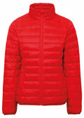 The TS30F jacket by 2786 is a vibrant red padded design, complete with a high collar and zip closure. It showcases quilted horizontal stitching and two zippered pockets on either side.