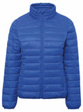 A TS30F quilted puffer jacket by 2786, featuring a blue color, high collar, front zipper, and side pockets.
