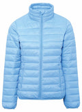The TS30F by 2786 is a light blue puffer jacket featuring a full zip closure and a stand-up collar. It comes with horizontal quilting and two side pockets, providing a casual and warm look.