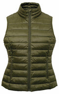 The TS31F by 2786 is an olive green quilted puffer vest featuring a high collar and two zippered front pockets.