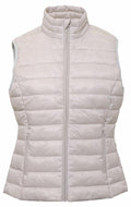 The TS31F by 2786 is a sleeveless quilted puffer vest in light beige, featuring a high collar and a front zipper. It includes two zippered side pockets and showcases horizontal stitching for added texture, offering warmth and comfort.