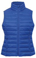 The TS31F by 2786 is a sleeveless quilted blue puffer vest featuring a high collar, front zipper, two zippered side pockets, and horizontal stitching.