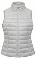 Introducing the TS31F by 2786: a sleeveless puffer vest in light gray, featuring a high collar, two zippered pockets on the front, and horizontal quilted stitching. It is designed with a convenient front zipper closure.