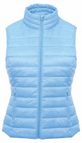 The TS31F by 2786 is a light blue puffer vest with a high collar and zipper closure, featuring horizontal quilted stitching and two zippered pockets on the front.