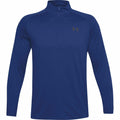 A royal blue long-sleeve athletic shirt by Under Armour, featuring a quarter zip and a small logo on the left chest, is displayed against a plain white background. The product name is UA004.