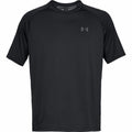 An Under Armour UA005 plain black short-sleeve athletic t-shirt featuring a small logo on the chest.