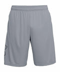 Under Armour's UA017 gray athletic shorts, featuring an elastic waistband and a logo on the left leg.