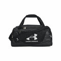 The Under Armour UA032 duffel bag is black, featuring a shoulder strap and a prominent logo.