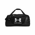 A black duffel bag from Under Armour, featuring a prominent white logo and an adjustable shoulder strap, model number UA033.